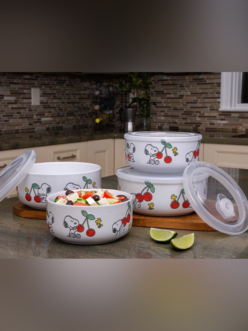 NEW Peanuts Snoopy Cherry Ceramic Mixing Bowl Set - White